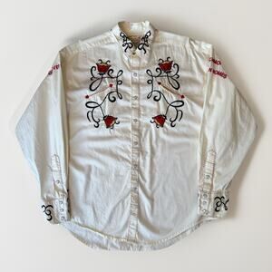Rockmount Ranch Wear Pearl Snap Shirt L White Western Floral Button Up Bowlero